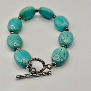 OOAK Handmade 925 Silver and Painted Bead Turquoise Blue Bracelet by Artist‌‌‌‌